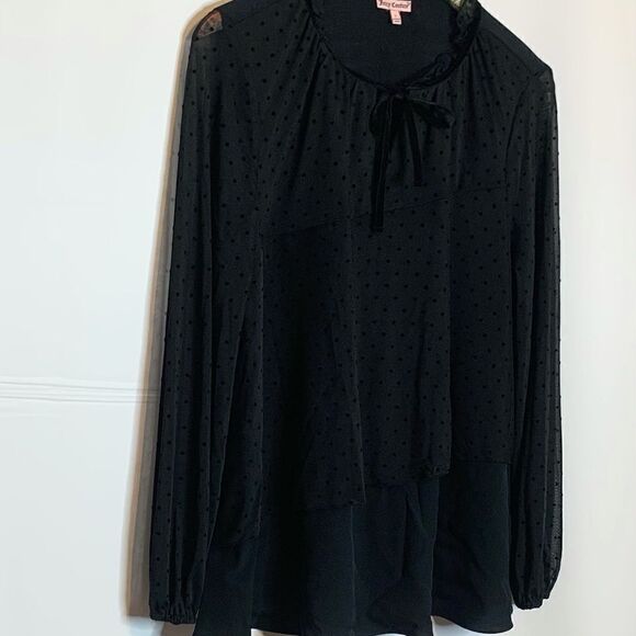 𝅺Juicy Couture Overlay Layered Top Womens Size Large Swiss Dot Black - Picture 3 of 7